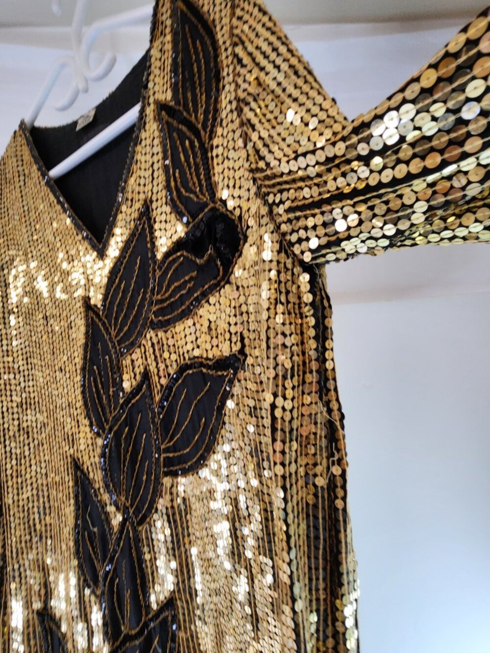 Vintage Black Silk / Gold Sequin Midi Dress 1980s Leaf Pattern - Picture 5 of 12